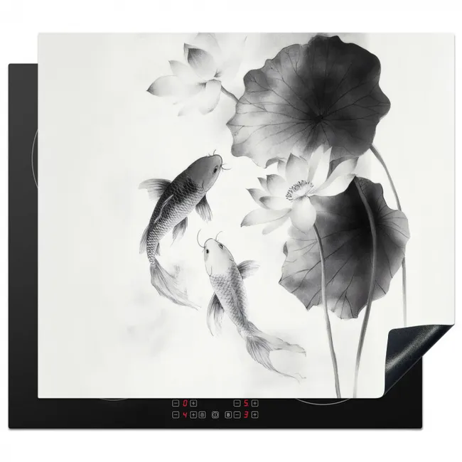 Herdabdeckplatte - Lotusblumen - Fisch - Blätter - Schwarz