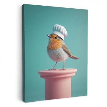 Leinwandbilder - Rotkehlchen - Vogel - Kochmütze - Sockel
