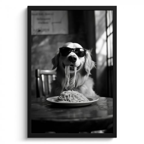 Bilder mit Rahmen - Golden Retriever - Hund - Fröhlich - Teller Spaghetti - Schwarz - Weiß