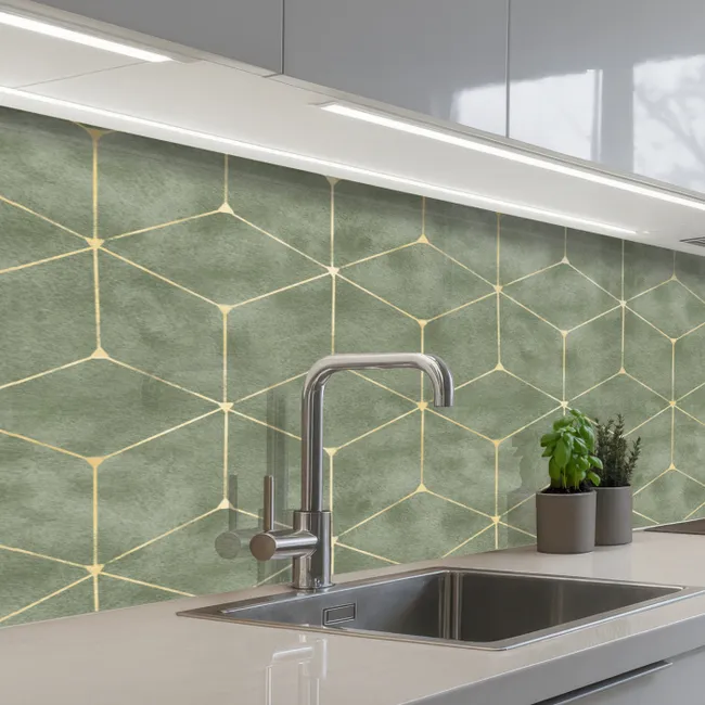 Subtiel - Geometrisch - Goud - Groen keuken achterwand 2 middel 871 -3d_schuin