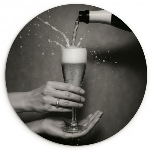 Runde Bilder - Champagnerflasche - Glas - Minimalistisch - Spritzer