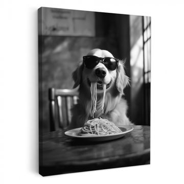 Leinwandbilder - Golden Retriever - Hund - Fröhlich - Teller Spaghetti - Schwarz - Weiß