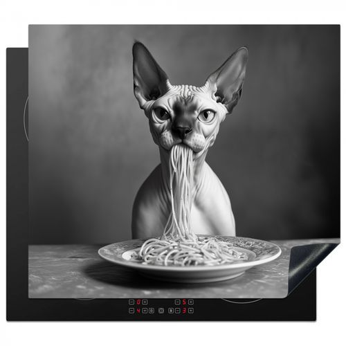 Herdabdeckplatte - Sphynx - Katze - Tiere - Humor - Spaghetti - Schwarz und Weiß