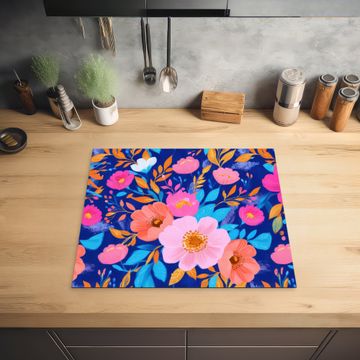 Herdabdeckplatte - Blumen - Blau - Rosa