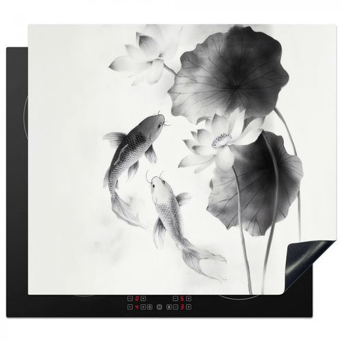 Herdabdeckplatte - Lotusblumen - Fisch - Blätter - Schwarz