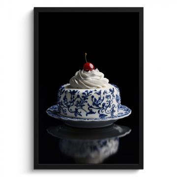 Bilder mit Rahmen - Torte - Schlagsahne - Kirsche - Teller - Delfter Blau
