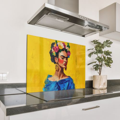 Spritzschutz Küche - Frida Kahlo - Frau - Gelb - Blau - Blumen