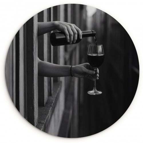 Runde Bilder - Weinflasche - Glas - Hände - Fenster