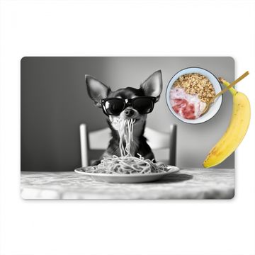 Tischset - Chihuahua - Hund - Sonnenbrille - Humorvoll - Schwarz - Weiß - Spaghetti - 6 Stück
