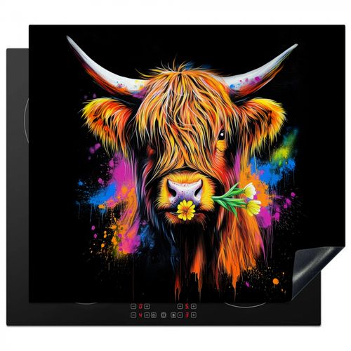 Herdabdeckplatte - Schottischer Highlander - Graffiti - Bunt - Blume - Tiere