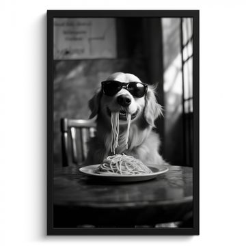Bilder mit Rahmen - Golden Retriever - Hund - Fröhlich - Teller Spaghetti - Schwarz - Weiß
