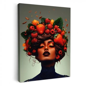 Leinwandbilder - Frau - Schokolade - Himbeeren - Erdbeeren - Kekse