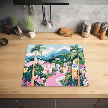 Herdabdeckplatte - Bunt - Häuser - Hügel - Rosa