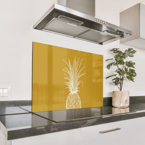 Spritzschutz Küche - Strich-Illustration - Ananas - Blattkrone - Ockergelb