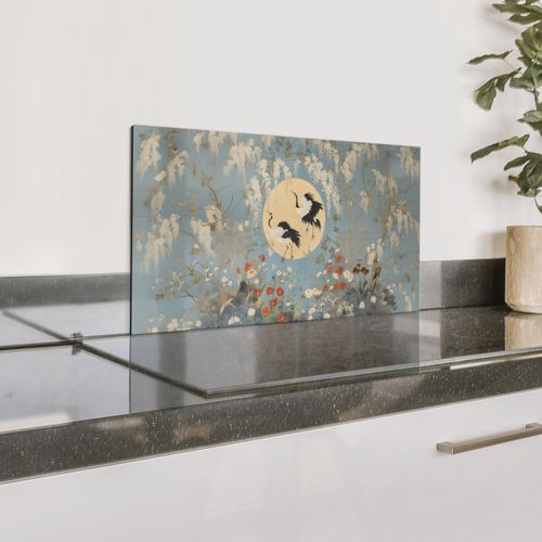 Spritzschutz Küche - Kraniche - Mond - Blumen - Blau