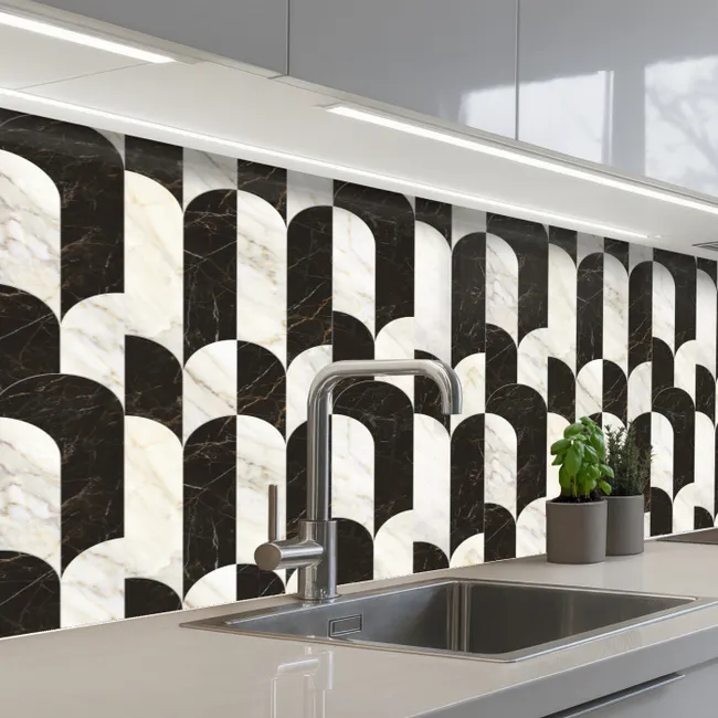 Bogen - Tegels - Marmer - Zwart - Wit keuken achterwand 2 middel 871 -3d_schuin
