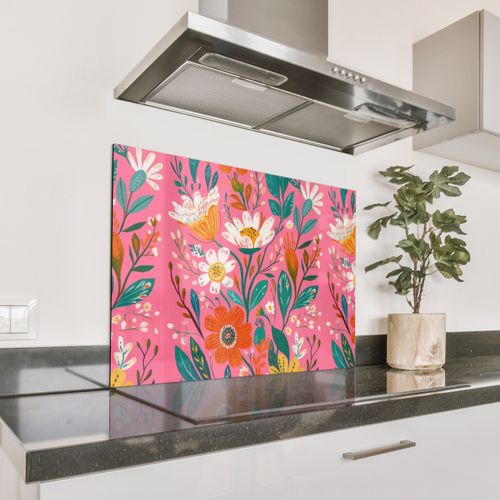 Spritzschutz Küche - Rosa - Blumen - Weiß - Orange