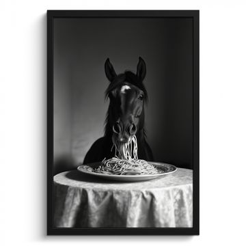 Bilder mit Rahmen - Pferd - Teller - Pasta - Tischtuch - Schwarz und weiß - Tiere
