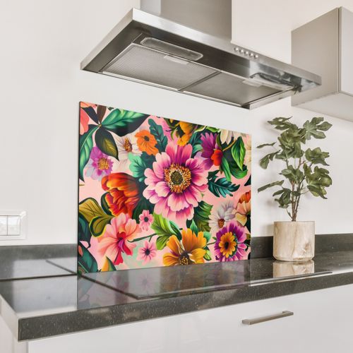 Spritzschutz Küche - Blumen - Bunt - Rosa
