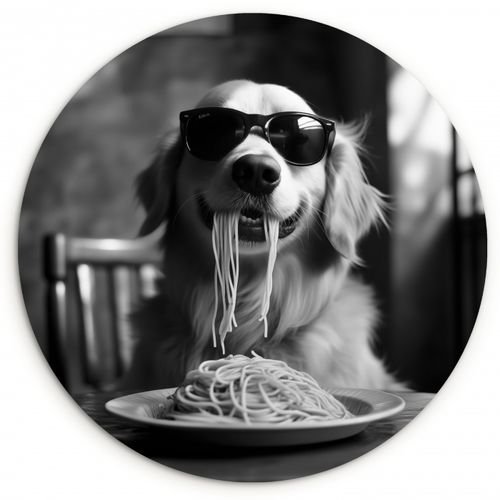 Runde Bilder - Golden Retriever - Hund - Fröhlich - Teller Spaghetti - Schwarz - Weiß