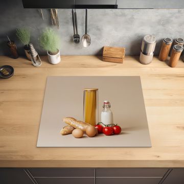 Herdabdeckplatte - Spaghetti - Milch - Tomaten - Eier - Brot