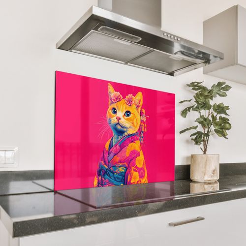 Spritzschutz Küche - Katze - Kimono - Blumen - Rosa