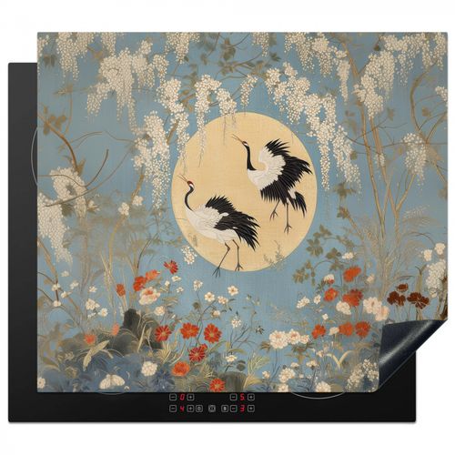 Herdabdeckplatte - Kraniche - Mond - Blumen - Blau