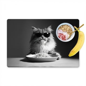 Tischset - Langhaarkatze - Sonnenbrille - Spaghetti - Humor - Schwarz - Weiß - 6 Stück