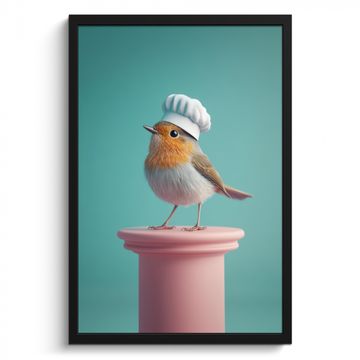 Bilder mit Rahmen - Rotkehlchen - Vogel - Kochmütze - Sockel