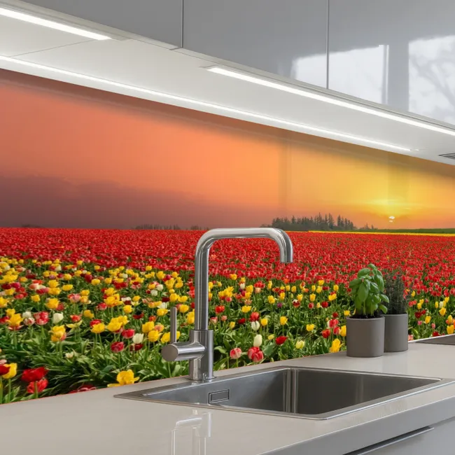 Bloemen - Landschap - Tulpen - Zonsondergang keuken achterwand 2 middel -3d_schuin