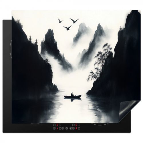 Herdabdeckplatte - Ruderboot - Neblig - Berge - Vögel