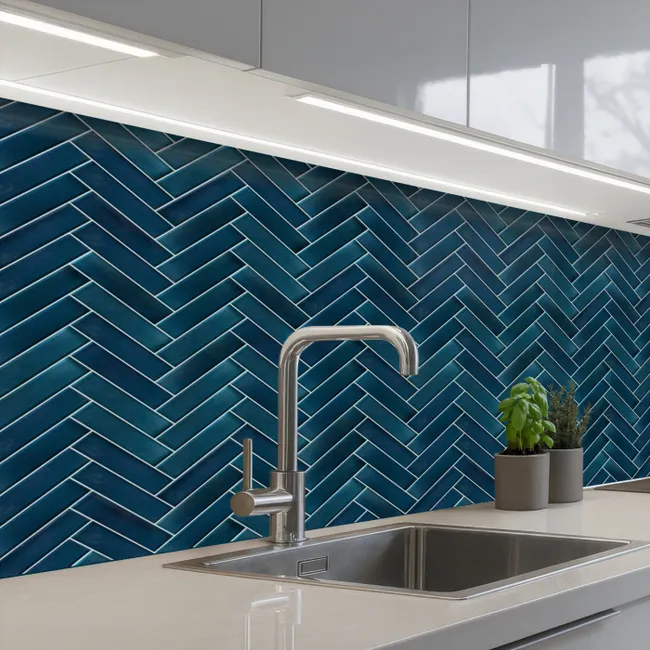 Visgraatmotief - Tegels - Diepblauw keuken achterwand 2 middel 871 -3d_schuin