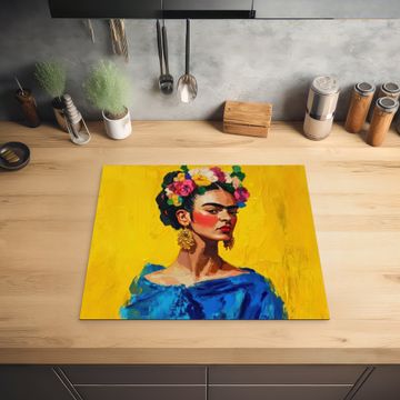 Herdabdeckplatte - Frida Kahlo - Frau - Gelb - Blau - Blumen
