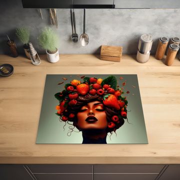 Herdabdeckplatte - Frau - Schokolade - Himbeeren - Erdbeeren - Kekse