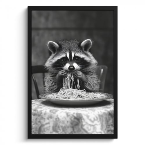 Bilder mit Rahmen - Waschbär - Niedlich - Pasta - Tischtuch - Schwarz - Weiß