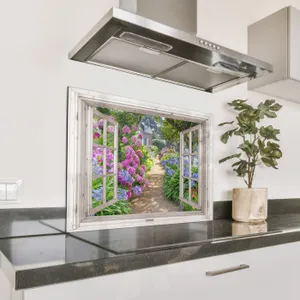 Spritzschutz Küche - Landhaus umrahmt von Hortensien