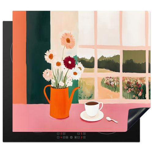 Herdabdeckplatte - Blumen - Kaffee - Fenster