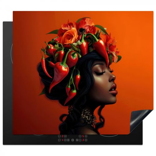Herdabdeckplatte - Frau - Chilischoten - Blumen