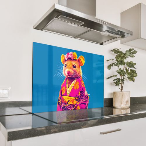 Spritzschutz Küche - Maus - Kimono - Blumen - Blau