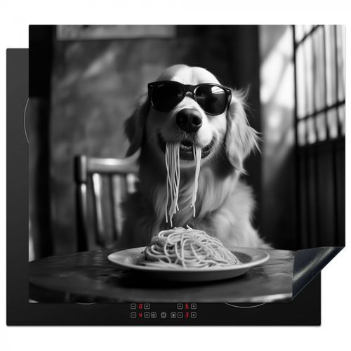 Herdabdeckplatte - Golden Retriever - Hund - Fröhlich - Teller Spaghetti - Schwarz - Weiß