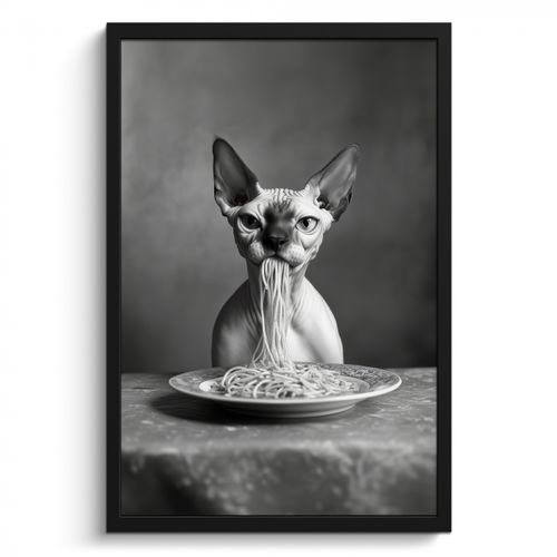 Bilder mit Rahmen - Sphynx - Katze - Tiere - Humor - Spaghetti - Schwarz und Weiß
