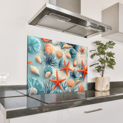 Spritzschutz Küche - Seesterne - Muscheln - Illustration - Sand