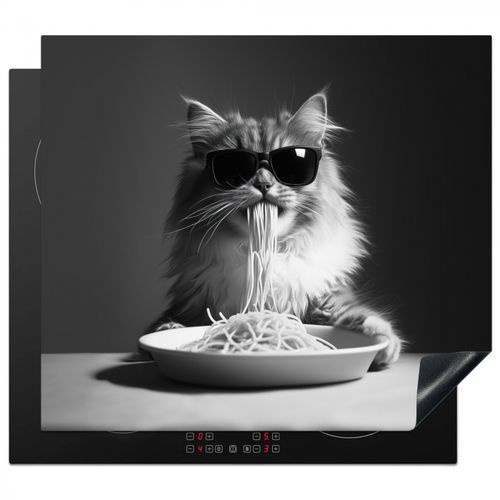 Herdabdeckplatte - Langhaarkatze - Sonnenbrille - Spaghetti - Humor - Schwarz - Weiß