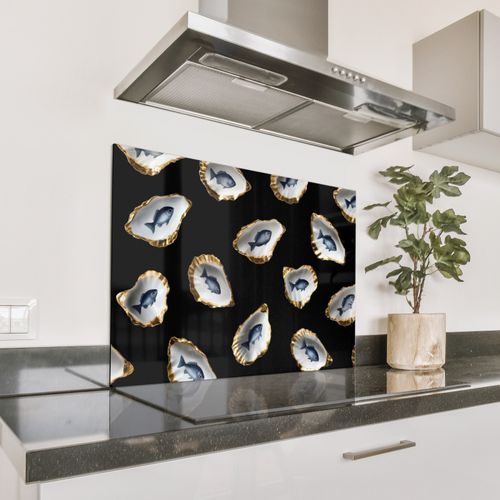 Spritzschutz Küche - Austern - Fisch - Blau - Gold