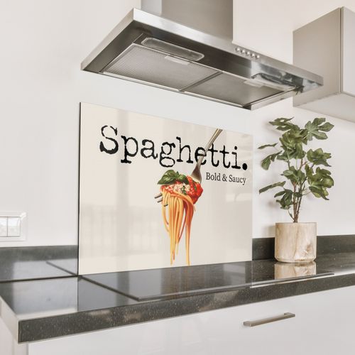 Spritzschutz Küche - Spaghetti - Tomatensauce - Parmesankäse