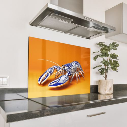 Spritzschutz Küche - Hummer - Delfter Blau - Schild - Hart - Orange