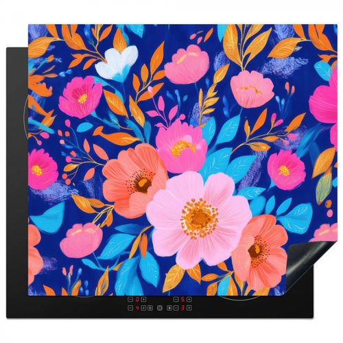 Herdabdeckplatte - Blumen - Blau - Rosa