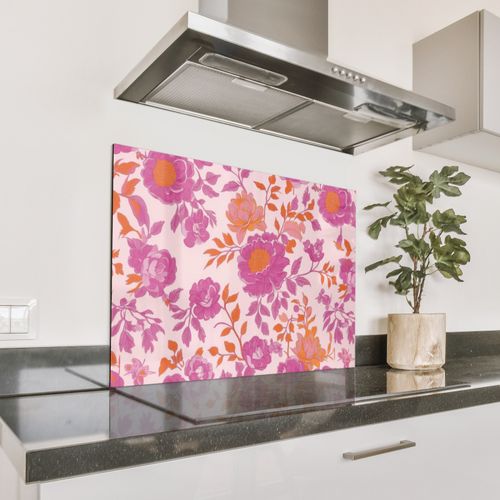 Spritzschutz Küche - Florales Muster - Rosa - Orange - Blumen