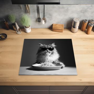 Herdabdeckplatte - Langhaarkatze - Sonnenbrille - Spaghetti - Humor - Schwarz - Weiß