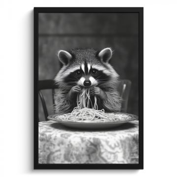 Bilder mit Rahmen - Waschbär - Niedlich - Pasta - Tischtuch - Schwarz - Weiß